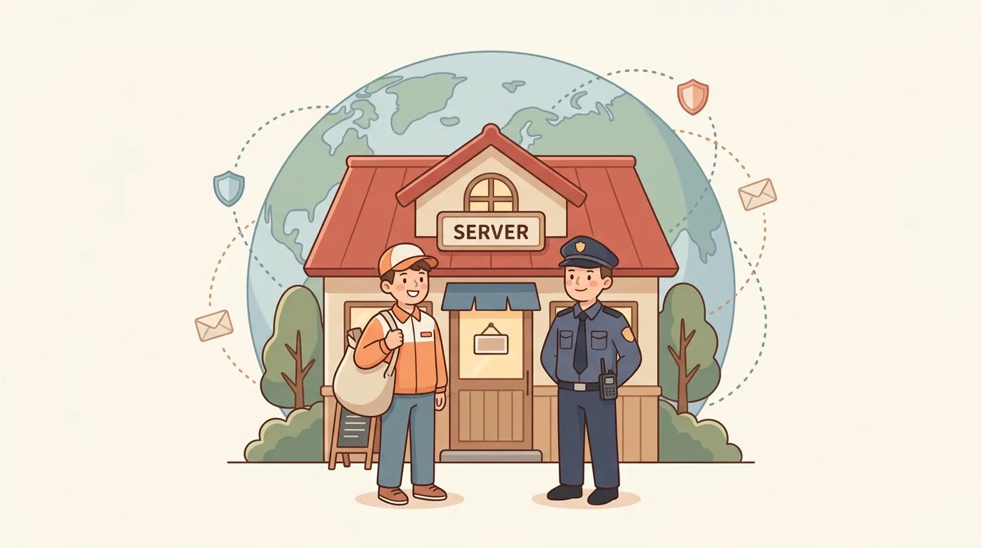 Cloudflareのイメージ図（お店の前に立つ世界規模の配達員＋警備員）