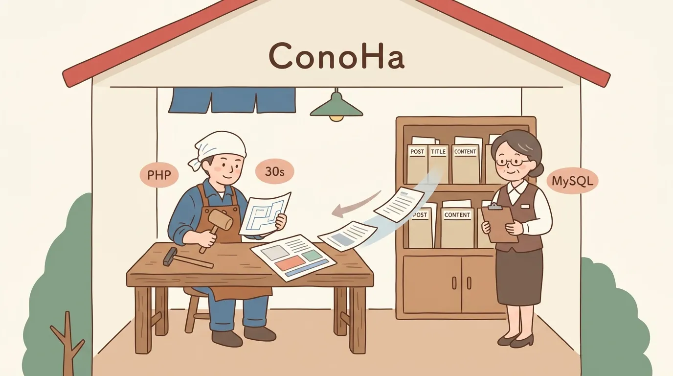 ConoHaの中でPHP（職人）とMySQL（倉庫番）が働いているイメージ