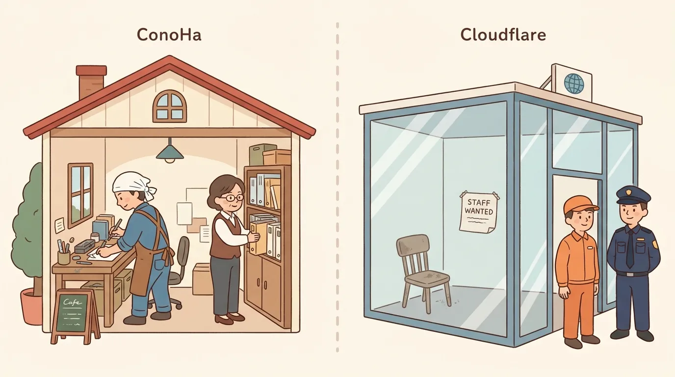 Cloudflareの中が空っぽ（配達員と警備員は外にいるけど、お店の中は無人）の対比イラスト