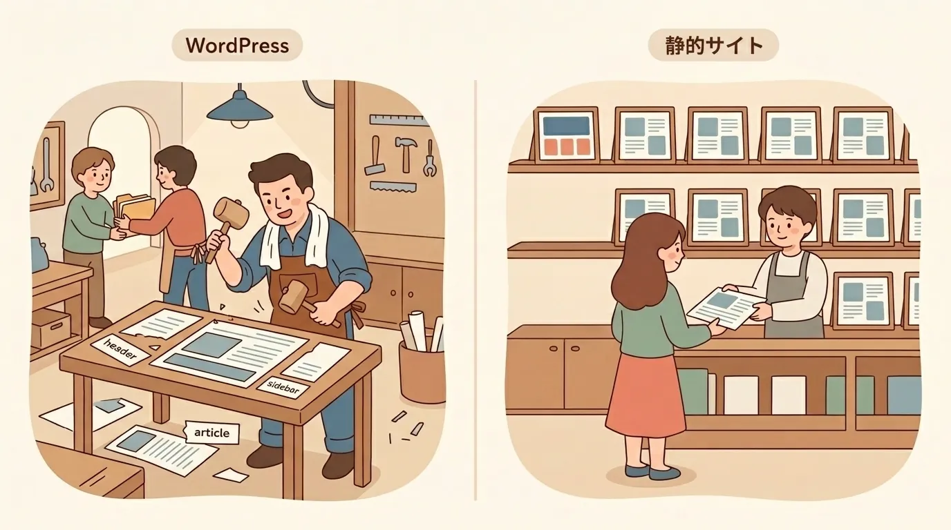 WordPress（毎回組み立て）vs 静的サイト（完成品を並べる）の対比イラスト
