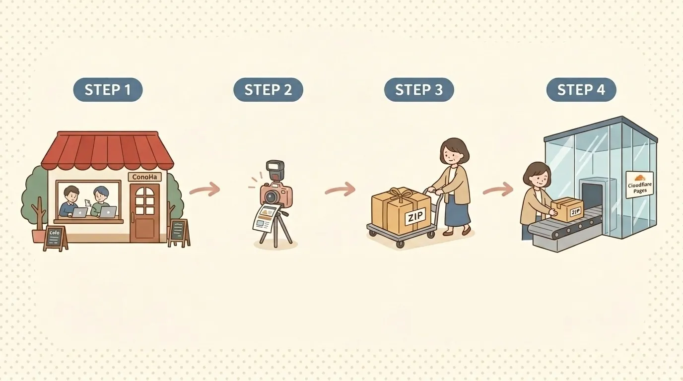 Simply Staticの仕組みを示すフロー図（ConoHa→ZIP→Cloudflareの流れ）
