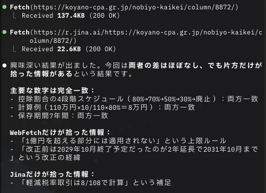 WebFetchとJinaのデータサイズ比較(インボイス)