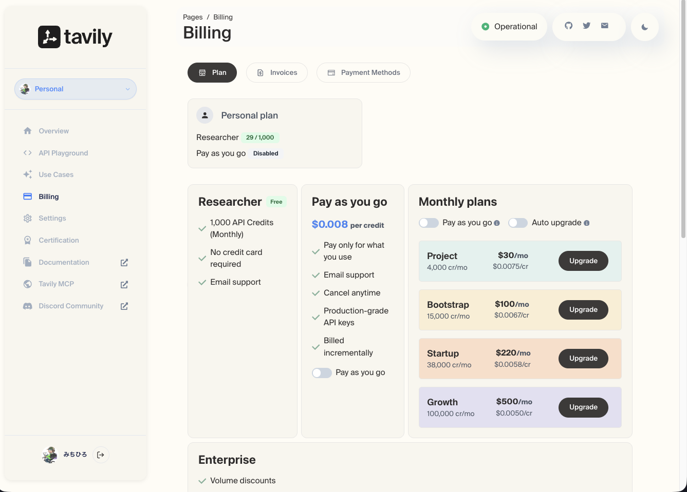 TavilyのBilling画面。Pay as you goはDisabled(無効)になっている