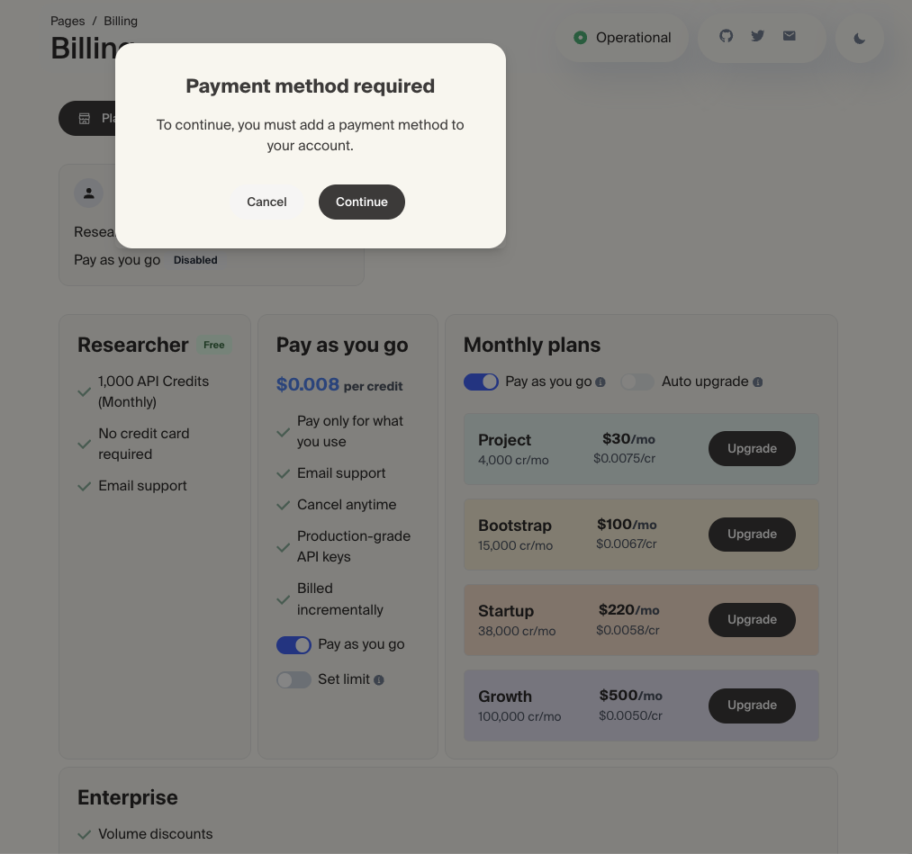 Pay as you goをONにしようとすると「Payment method required」が表示される